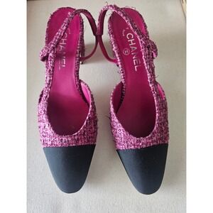 Chanel Slingback Tweed Cap Toe Block Heel Pumps Pink Black Italy 39.5 TP01
